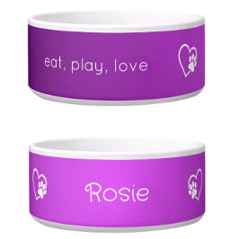 Purple 'eat play love' Dog Name Bowl