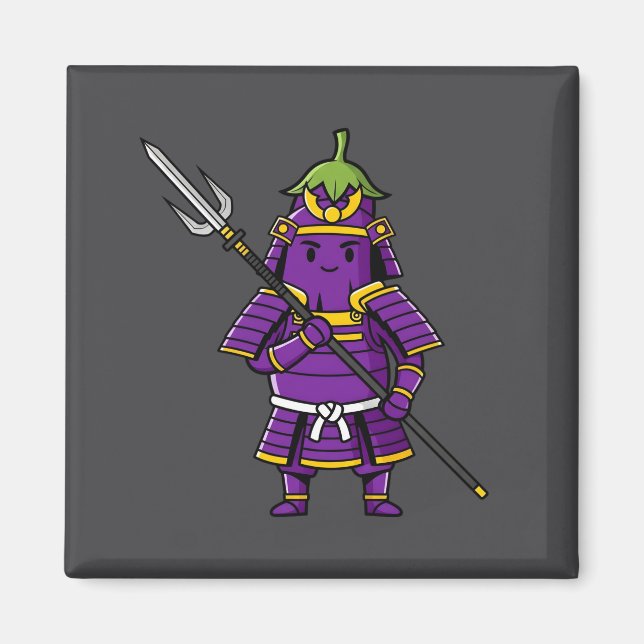Purple Eggplant Samurai Warrior with Spear Illustr Magnet (Framsidan)