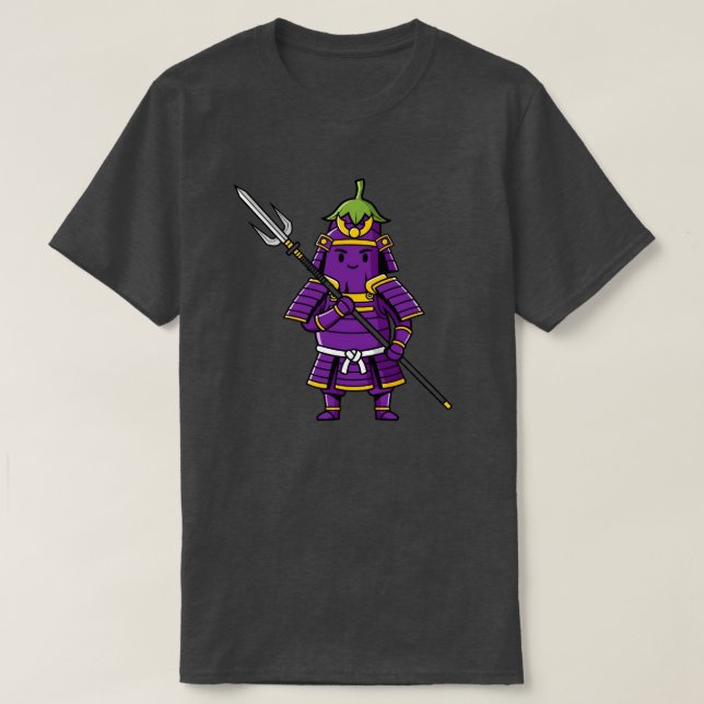 Purple Eggplant Samurai Warrior with Spear Illustr T Shirt (Design framsida)