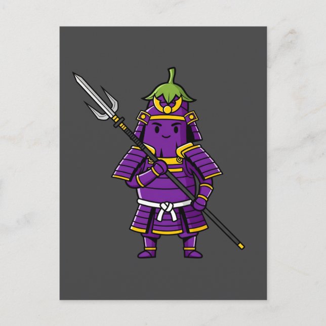 Purple Eggplant Samurai Warrior with Spear Illustr Vykort (Framsida)
