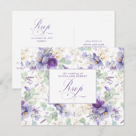 Purple Elegant Botanical Wedding RSVP Postcard Vykort