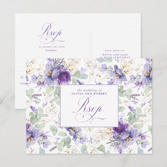 Purple Elegant Botanical Wedding RSVP Postcard Vykort (Fram/baksida)