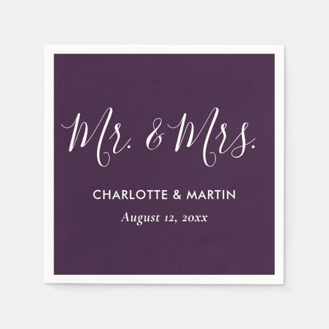 Purple Elegant Modern Script Mr. and Mrs. Wedding Pappersservett (Framsidan)