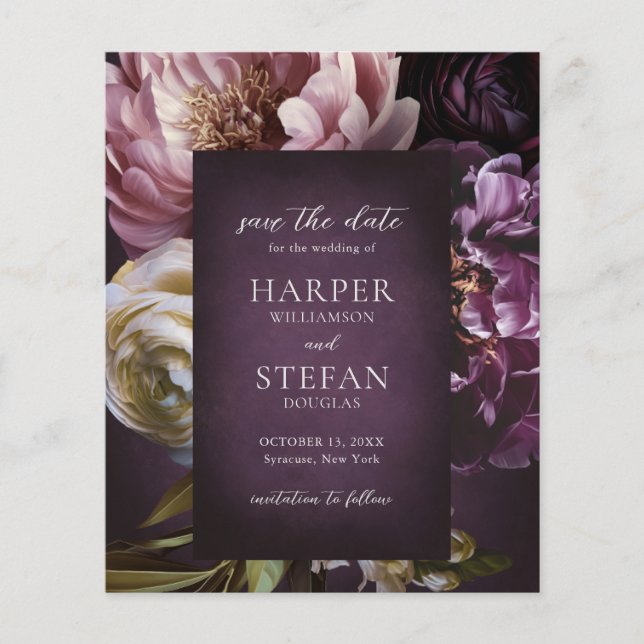 Purple Fine Art Budget Wedding Save the Date Flygblad (Framsidan)