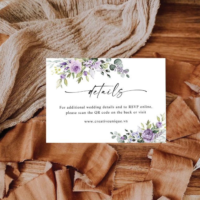 Purple Floers Bröllopswebbplats QR-kod Detaljer Tilläggskort (Skapare uppladdad)