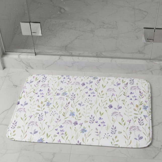 Purple Floral Bath Mat Badrumsmatta (sweet pretty lavender purple wildflower garden meadow bathmat)