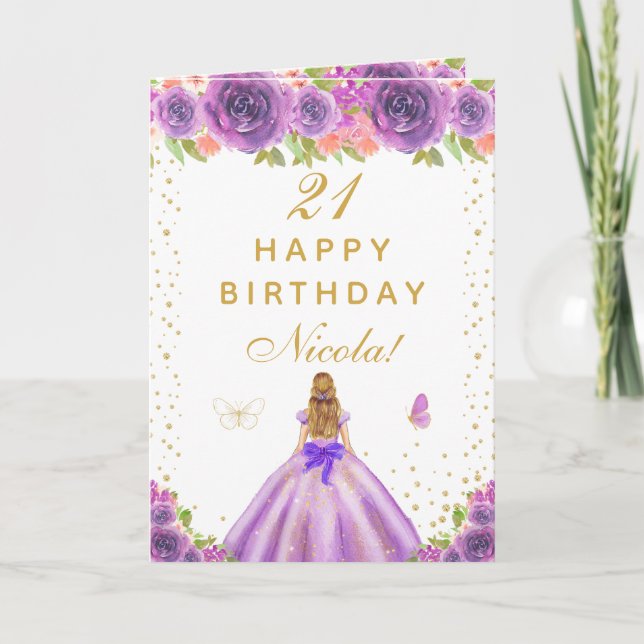 Purple Floral Blonde Hair Girl Birthday Kort (Framsida)