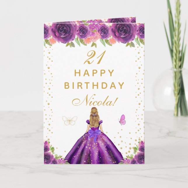 Purple Floral Blonde Hair Girl Birthday Kort (Framsida)