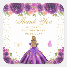 Purple Floral Blonde Hair Princess Birthday Party Fyrkantigt Klistermärke