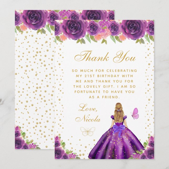 Purple Floral Blonde Hair Princess Birthday Party Tack Kort (Fram/baksida)