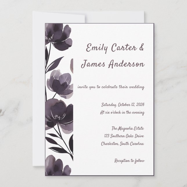 Purple Floral Botanical Wedding Inbjudningar (Framsida)