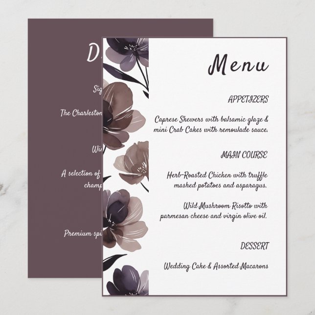 Purple Floral Botanical Wedding Meny (Fram/baksida)