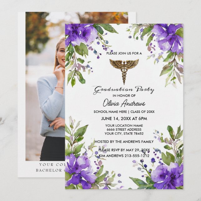 Purple Floral BSN Nursing Graduation Invitation |  Inbjudningar (Fram/baksida)