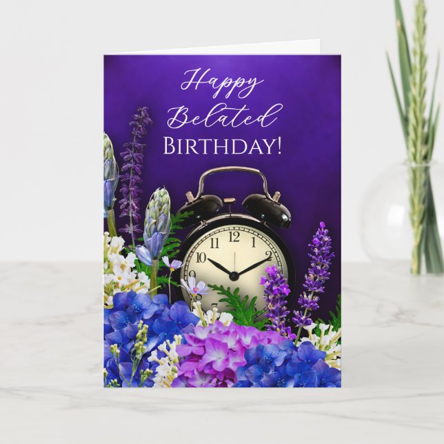 Purple Floral Clock Belated Birthday Card Kort (Framsida)