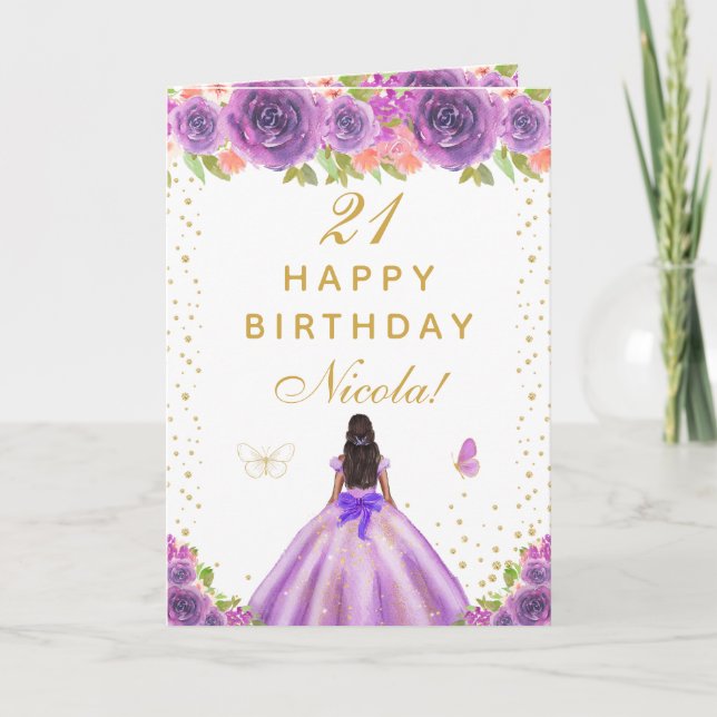 Purple Floral Dark Skin Girl Birthday Kort (Framsida)