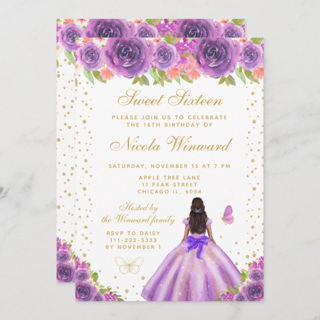 Purple Floral Dark Skin Princess Sweet Sixteen Inbjudningar (Fram/baksida)
