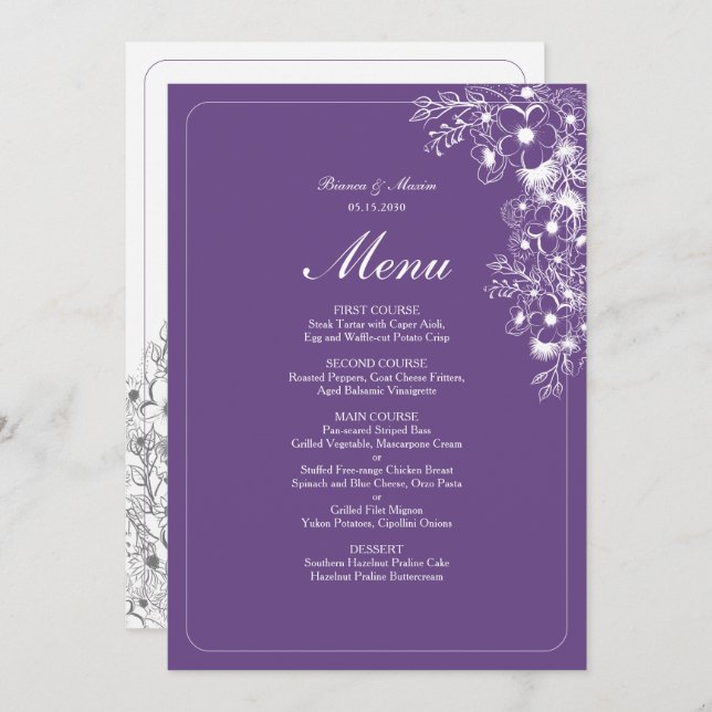 Purple Floral Elegant Wedding Meny (Fram/baksida)