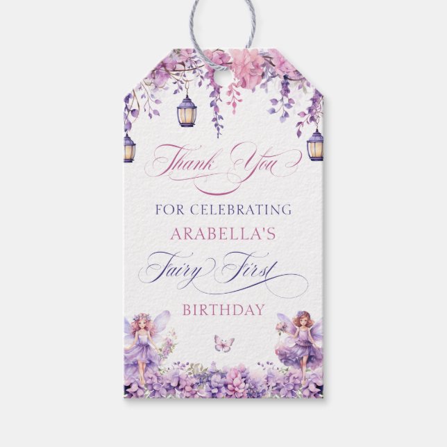 Purple Floral Fairy First Birthday Thank You Presentetikett (Framsidan)