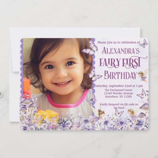 Purple Floral Fairy First QR Code Photo Birthday Inbjudningar (Framsida)