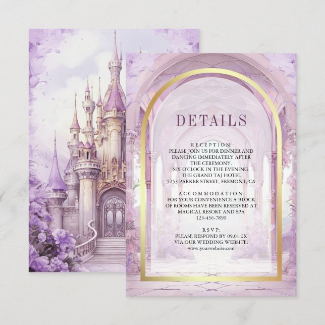 Purple Floral Fairytale Castle Wedding Details Tilläggskort (Fram/baksida)