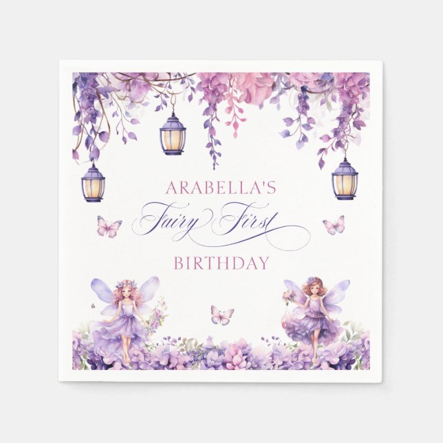 Purple Floral Fantasy Fairy First Birthday Pappersservett (Framsidan)