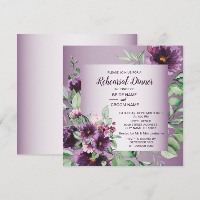 Purple Floral Geometric Greenery Rehearsal Dinner  Inbjudningar (Fram/baksida)