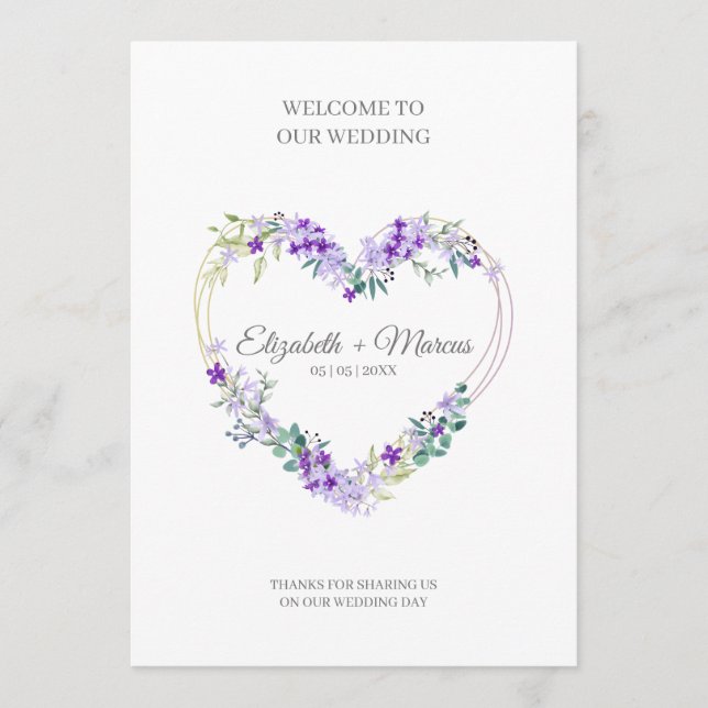 Purple Floral Heart for Wedding Sand Ceremony Program (Framsida)