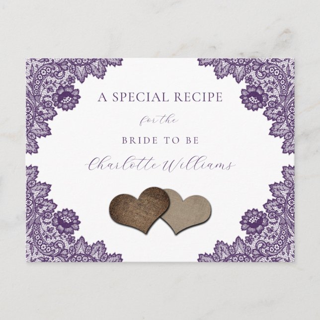 Purple Floral Lace Bridal Shower Recipe Card Vykort (Framsida)