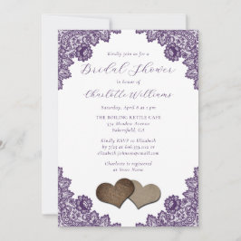Purple Floral Lace Burlap Hearts Bridal Shower Inbjudningar