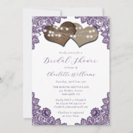 Purple Floral Lace Burlap Hearts Bridal Shower Inbjudningar