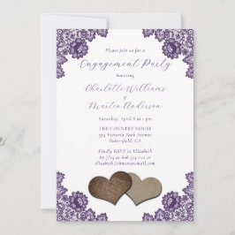 Purple Floral Lace Burlap Hearts Engagement Party Inbjudningar