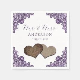Purple Floral Lace Burlap Hearts Mr & Mrs Wedding Pappersservett