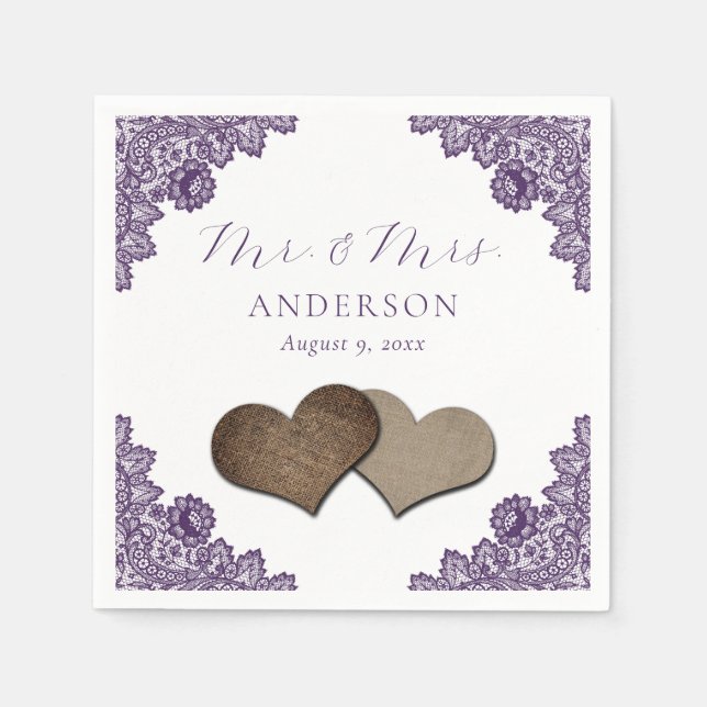 Purple Floral Lace Burlap Hearts Mr & Mrs Wedding Pappersservett (Framsidan)