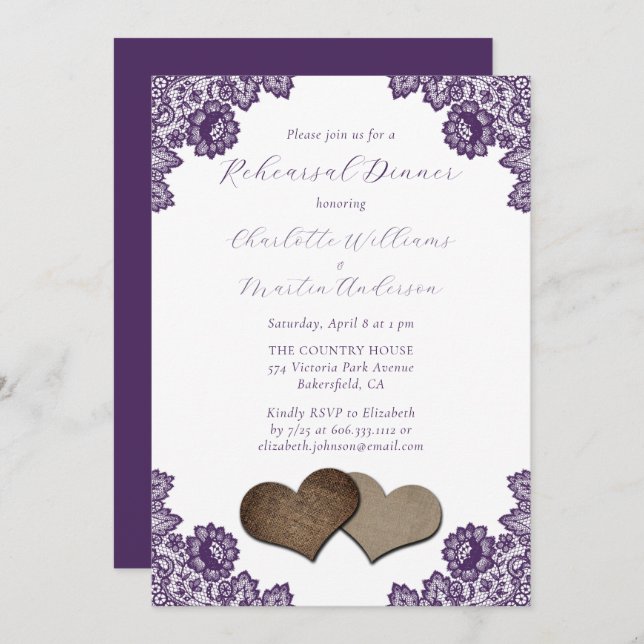 Purple Floral Lace Burlap Hearts Rehearsal Dinner Inbjudningar (Fram/baksida)