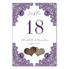 Purple Floral Lace Burlap Hearts Rustic Bordsnummer