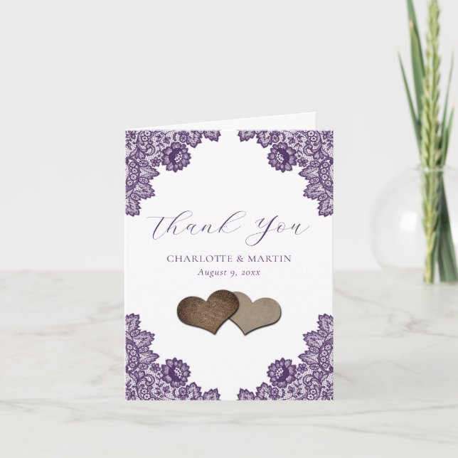 Purple Floral Lace Burlap Hearts Rustic Wedding Tack Kort (Framsida)