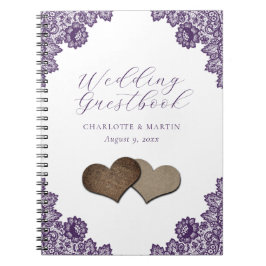 Purple Floral Lace Burlap Hearts Wedding Guestbook Anteckningsbok
