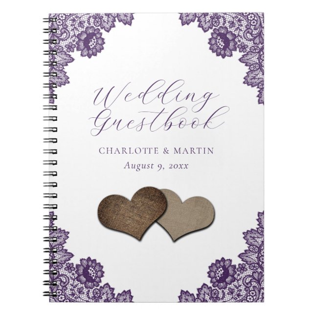 Purple Floral Lace Burlap Hearts Wedding Guestbook Anteckningsbok (Framsidan)