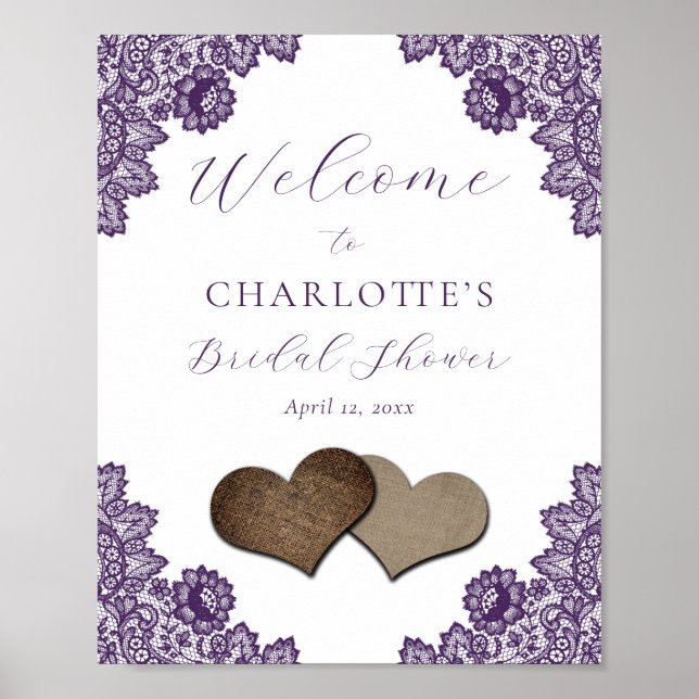 Purple Floral Lace Rustic Bridal Shower Sign Poster (Framsidan)