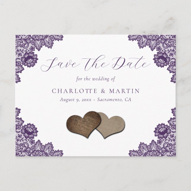 Purple Floral Lace Rustic Wedding Save The Date Meddelande Vykort (Framsida)