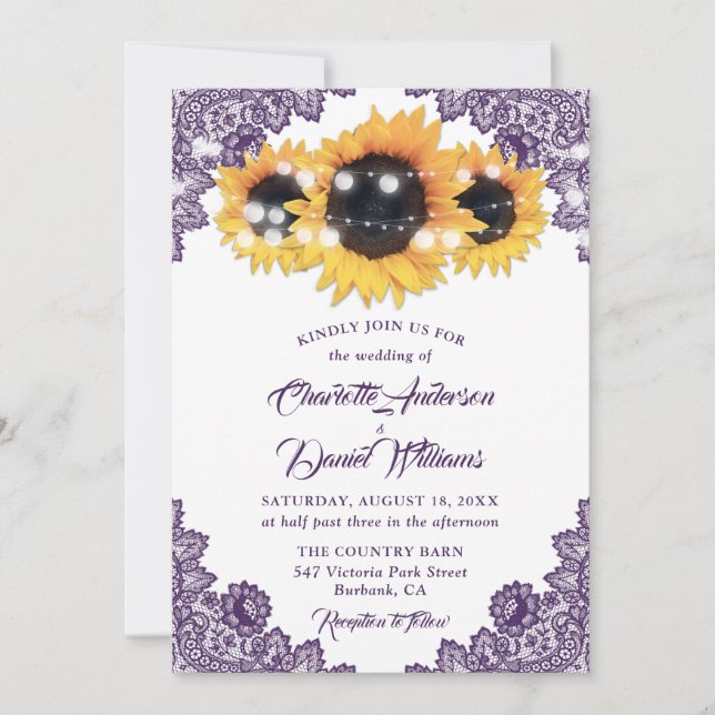 Purple Floral Lace String Lights Sunflower Wedding Inbjudningar (Framsida)
