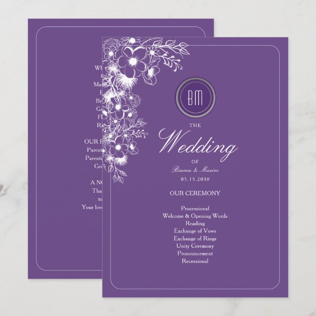 Purple Floral Monogram Wedding Program (Fram/baksida)