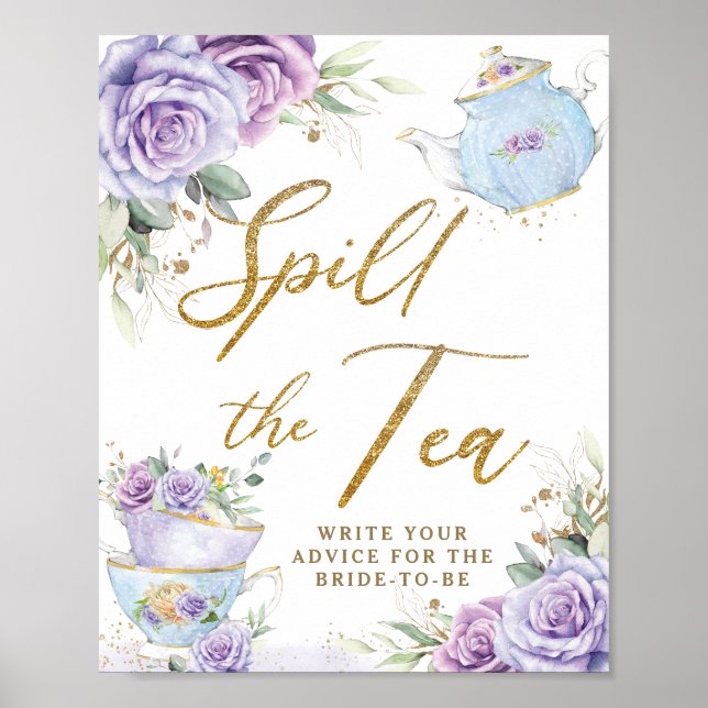 Purple Floral Party Bridal Shower Spill The Tea Poster (Framsidan)