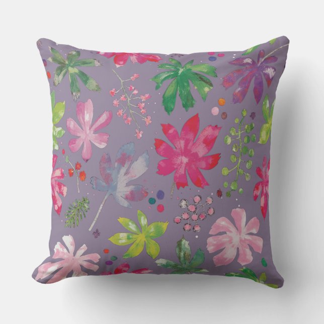 Purple Floral Pattern Pillow – Pink & Green Garden Kudde (Framsida)