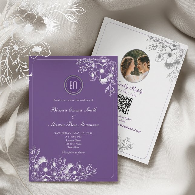 Purple Floral Photo QR Code Wedding Inbjudningar (Skapare uppladdad)