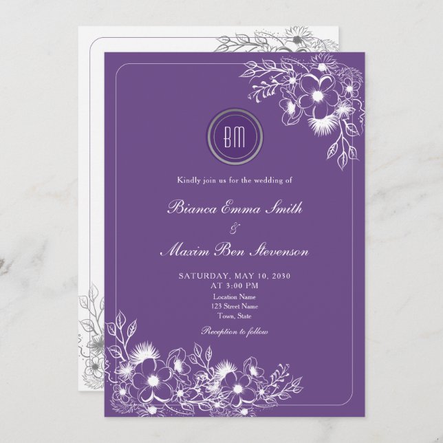 Purple Floral Photo QR Code Wedding Inbjudningar (Fram/baksida)