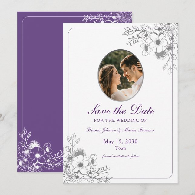 Purple Floral Photo Spara Datumet (Fram/baksida)