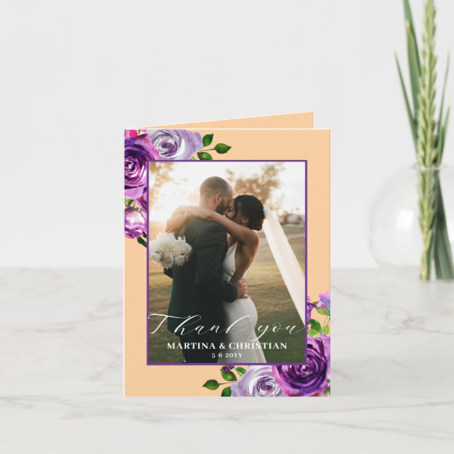 Purple Floral Photo Wedding Folded  Tack Kort (Framsida)