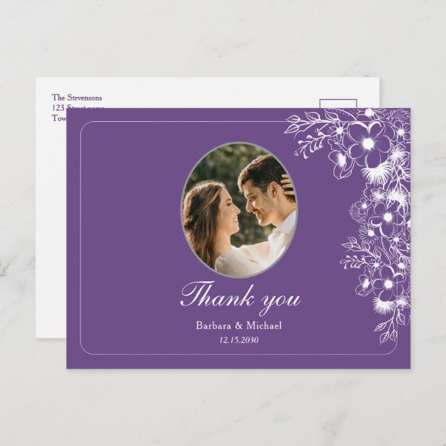 Purple Floral Photo Wedding Thank You Vykort (Fram/baksida)
