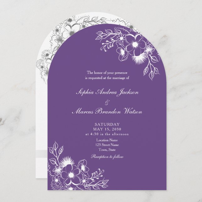 Purple Floral QR Code Wedding Inbjudningar (Fram/baksida)